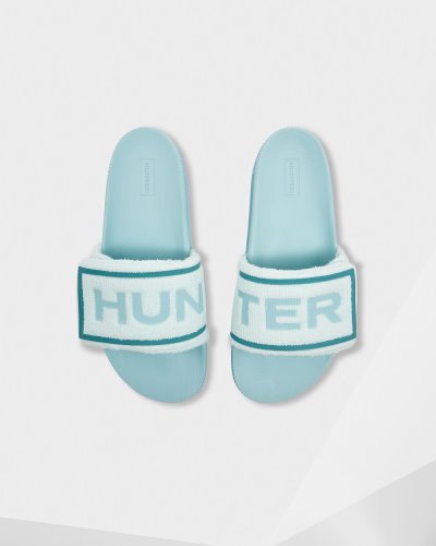 Hunter Terry Towelling Logo Adjustable Slides Badelatschen Damen Mintfarben Blau Deutschland | 2AFHJFI