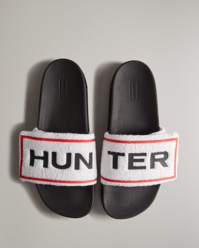 Hunter Terry Towelling Logo Adjustable Slides Badelatschen Herren Weiß Schwarz Deutschland | TPHAKJG