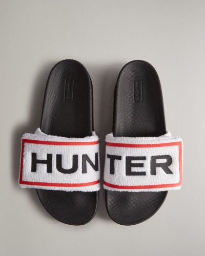 Hunter Terry Towelling Logo Adjustable Slides Badelatschen Damen Weiß Schwarz Deutschland | ZF8QK81