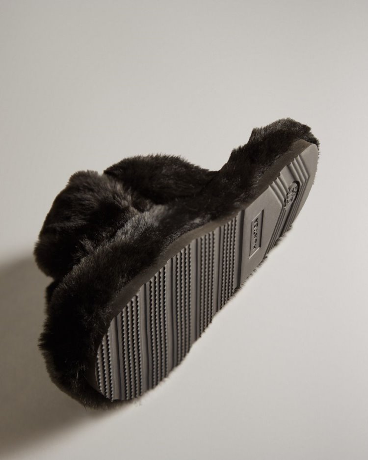 Hunter Faux Fur Flatform Crossover Badelatschen Badelatschen Damen Schwarz Deutschland | MLBE7C7