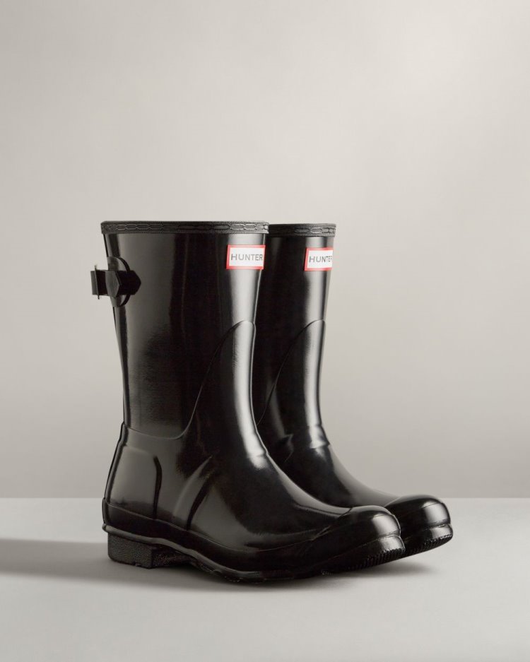 Hunter Kurzes Back Adjustable Gloss Rain Boot Kurze Regenstiefel Damen Schwarz Deutschland | W4BRLSW