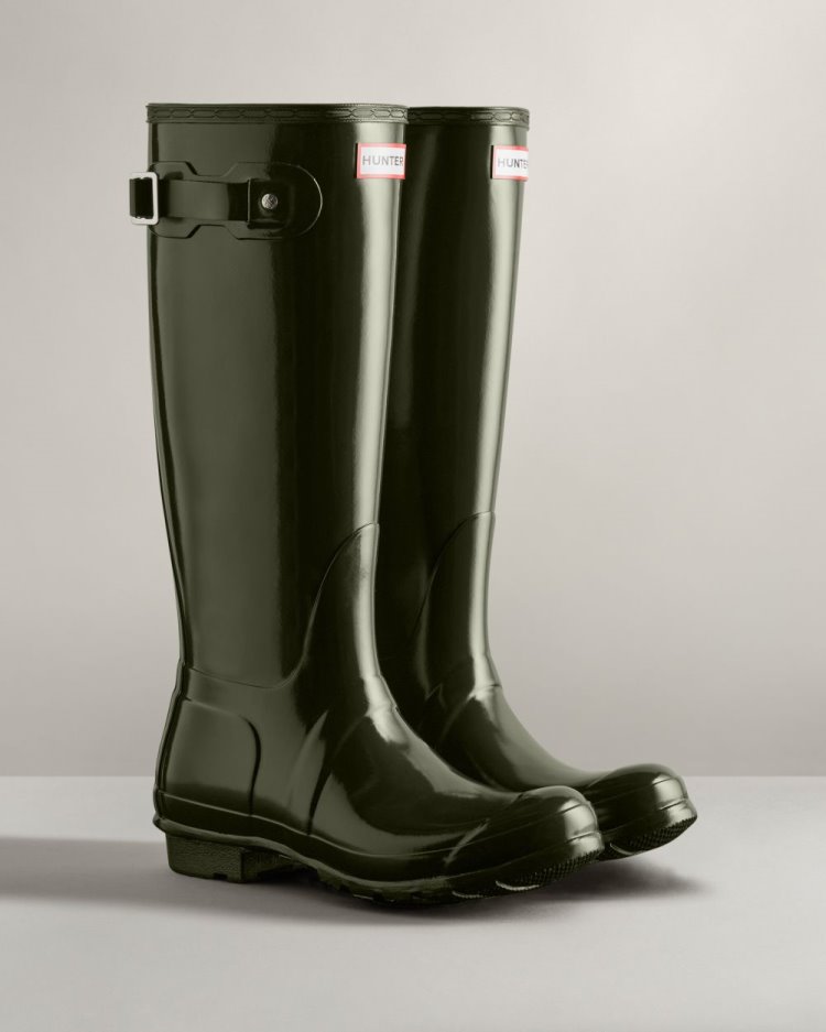 Hunter Original Hohe Gloss Rain Boot Hohe Regenstiefel Damen Dunkelolivgrün Deutschland | A055B45