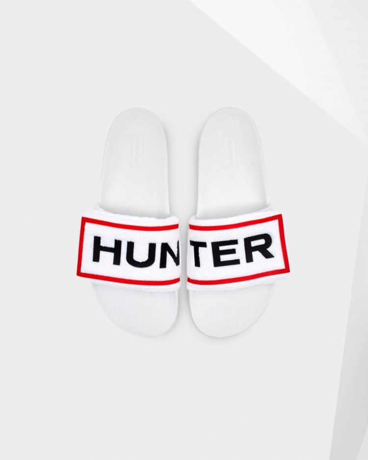 Hunter Terry Towelling Logo Adjustable Slides Badelatschen Damen Weiß Deutschland | 09Z672A