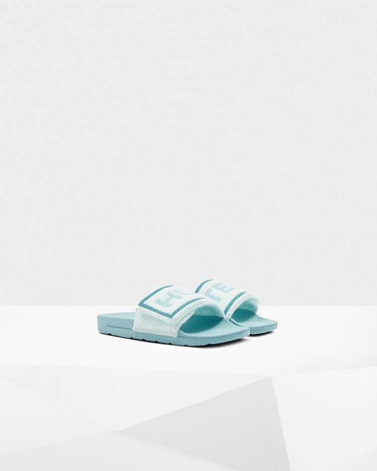 Hunter Terry Towelling Logo Adjustable Slides Badelatschen Damen Mintfarben Blau Deutschland | 2AFHJFI