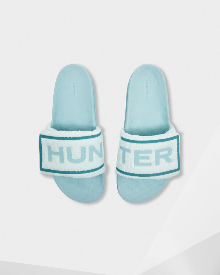 Hunter Terry Towelling Logo Adjustable Slides Badelatschen Damen Mintfarben Blau Deutschland | 2AFHJFI