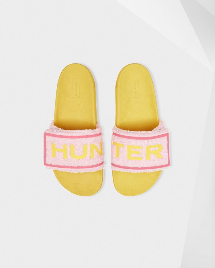 Hunter Terry Towelling Logo Adjustable Slides Badelatschen Damen Rosa Gelb Deutschland | 45J0PBG