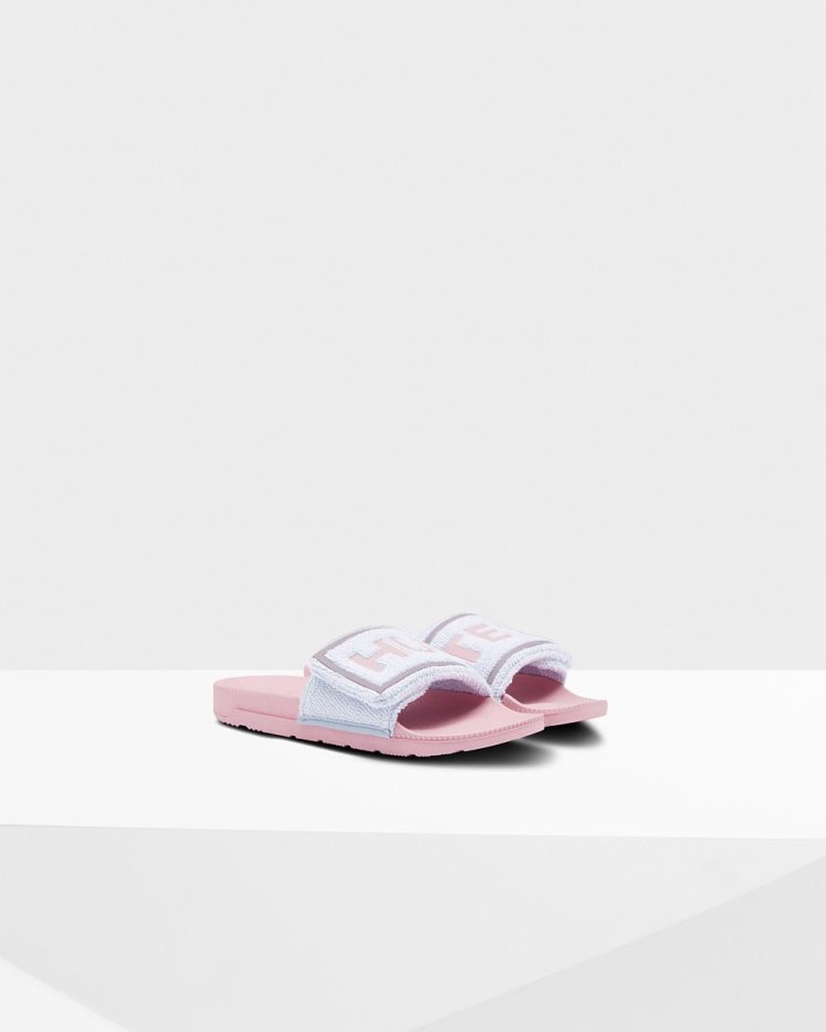 Hunter Terry Towelling Logo Adjustable Slides Badelatschen Damen Blau Rosa Deutschland | RHT83JE