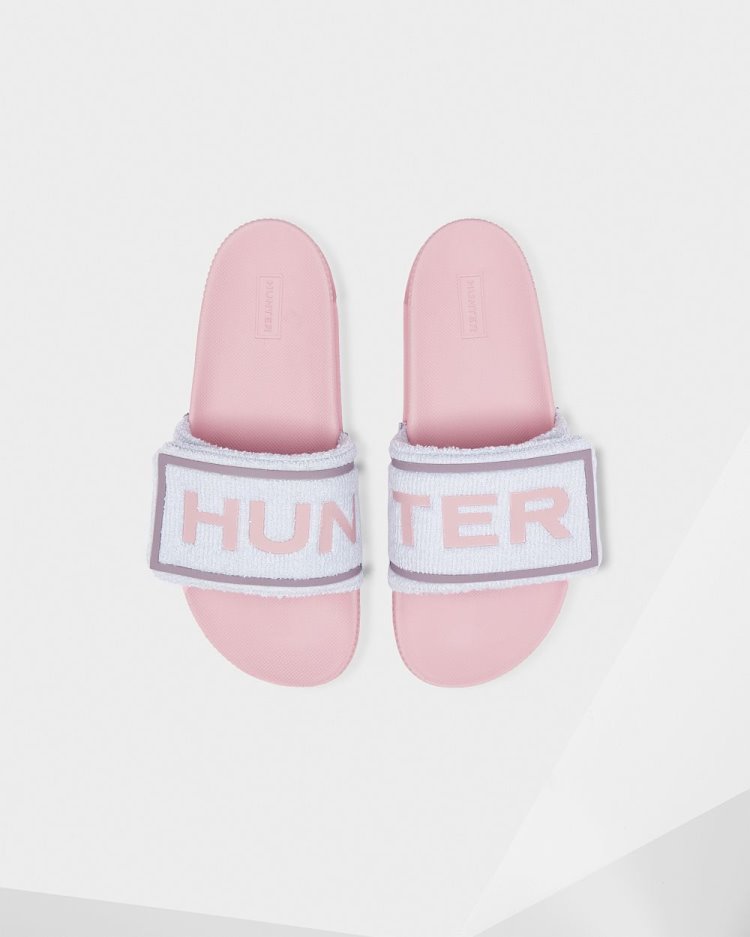 Hunter Terry Towelling Logo Adjustable Slides Badelatschen Damen Blau Rosa Deutschland | RHT83JE